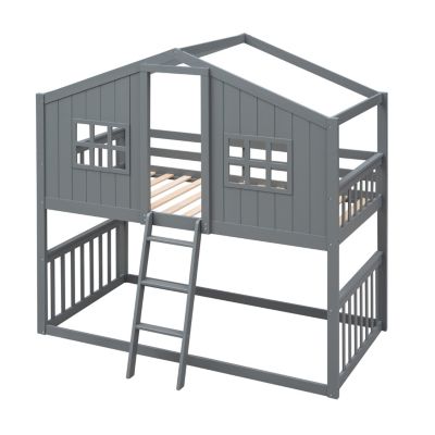 Streamdale Twin Over Twin House Bunk Bed With Ladder, Wood Bed