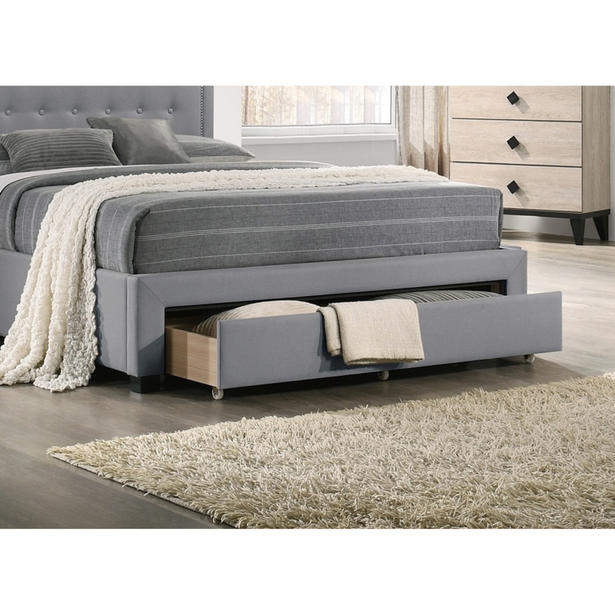Streamdale Light Grey Twin Bed with Drawer Storage & Button Tufted Headboard