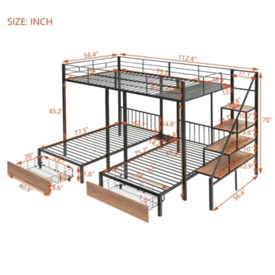 Full Over Twin-Twin Triple Bunk Bed With Drawers And Staircase