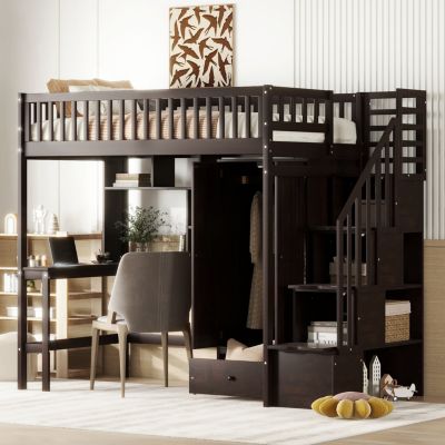 Streamdale Twin Size Loft Bed With Bookshelf, Drawers, Desk, And Wardrobe White