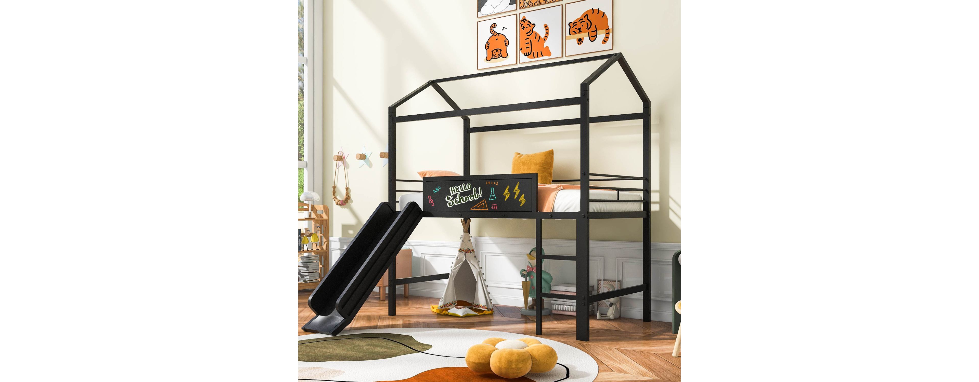 Simplie Fun Metal House Bed With Slide, Twin Loft Two-Sided Writable Wooden Board