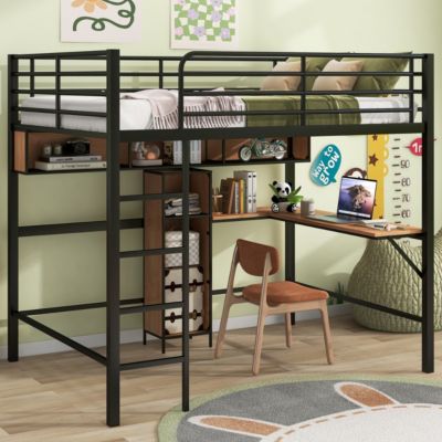  Full Size Metal & Wood Loft Bed With L - Shaped Desk And Shelves