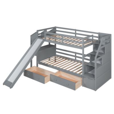 Streamdale White Twin Bunk Bed with Staircase, Slide, and Desk