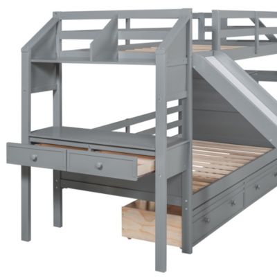 Streamdale White Twin Bunk Bed with Staircase, Slide, and Desk