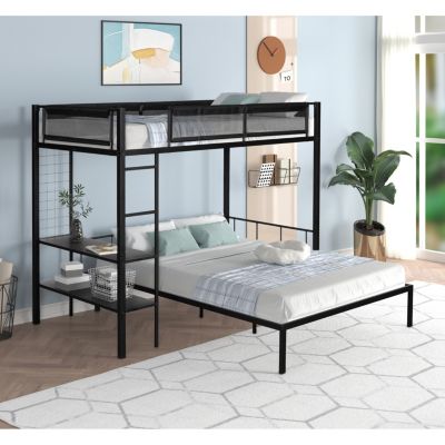 Metal Twin Over Full Bunk Bed with Shelves & Grid Panel