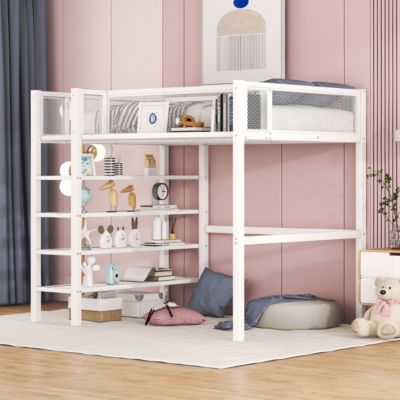 Streamdale Twin Size Metal Loft Bed With 4Tier Shelves And Storage, White