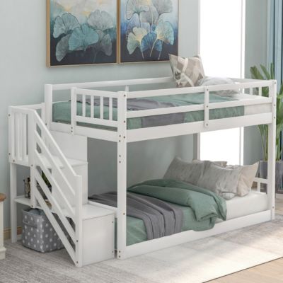 Streamdale Twin Over Twin Floor Bunk Bed, Ladder With Storage