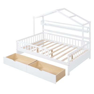 Streamdale Kids' White Wooden House Bed with Drawers and Shelf