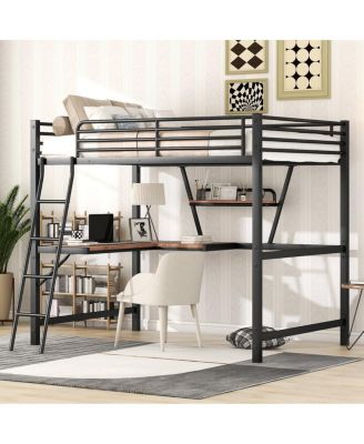 Full Size Loft Bed with Metal & MDF Frame, Desk and Shelf