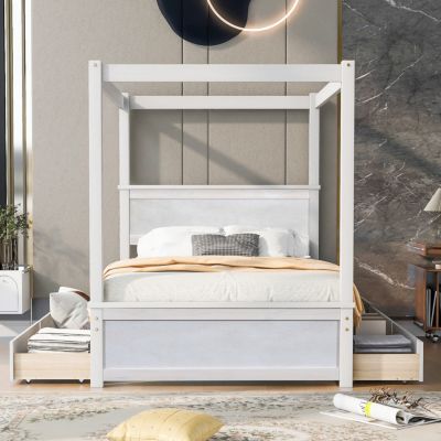 Streamdale Full Size Wood Canopy Bed with Drawers, Brushed White