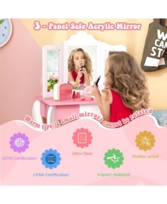 Kid's Wooden Vanity Table and Stool Set with 3-Panel Acrylic Mirror-White