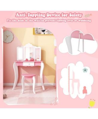 Kid's Wooden Vanity Table and Stool Set with 3-Panel Acrylic Mirror-White