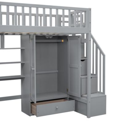 Streamdale Twin Size Loft Bed With Bookshelf, Drawers, Desk, And Wardrobe White