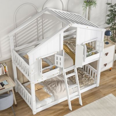 Streamdale Twin Bunk House Bed with Roof and Safety Rails