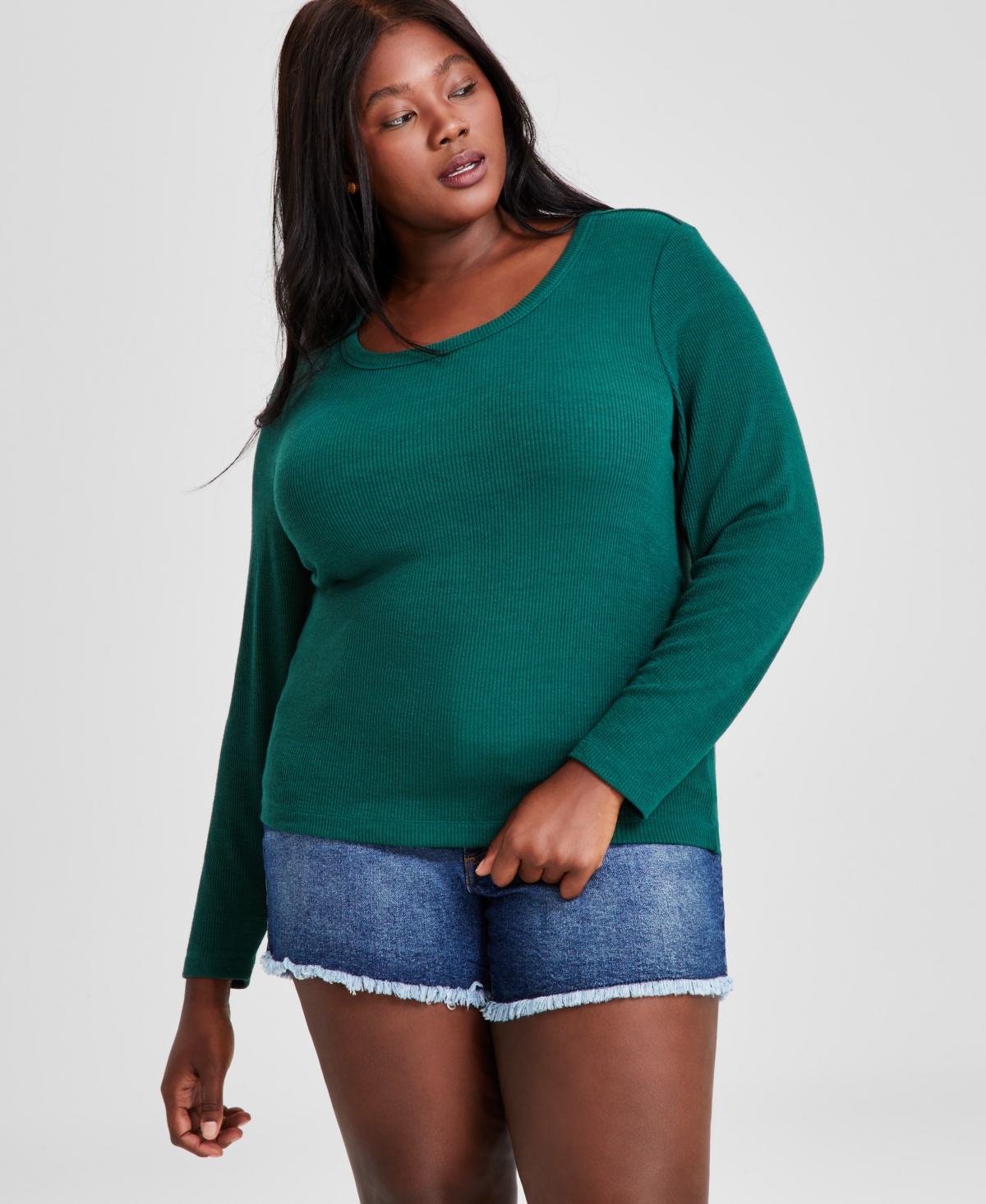 Trendy Plus Size Scoop-Neck Ribbed T-Shirt, Created for Macy's - Trekking Green