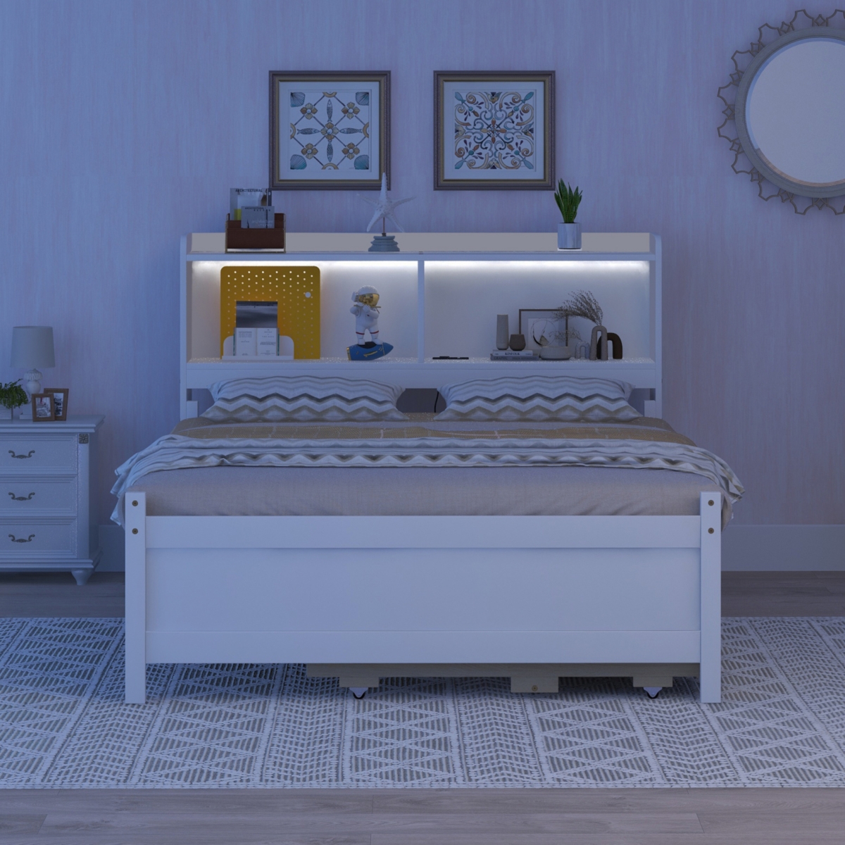 Streamdale Furniture Size Bed with Usb, Led Light, Bookcase Headboard, Trundle, Storage Drawers