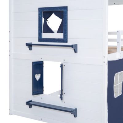 Streamdale Full Size Bunk Wood House Bed With Elegant Windows, Sills And Tent