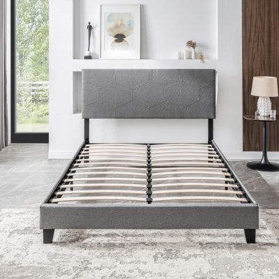 Streamdale Queen Platform Bed Frame, Wood Slat, Grey, Easy Assembly
