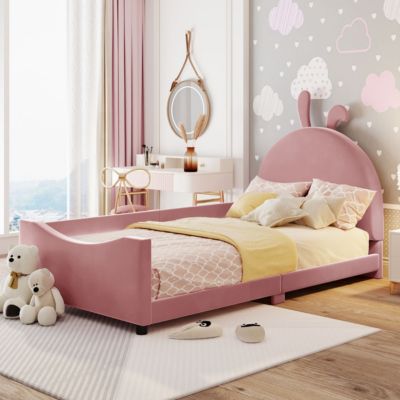 Streamdale Twin Size Upholstered Daybed With Rabbit Ear Shaped Headboard, Pink