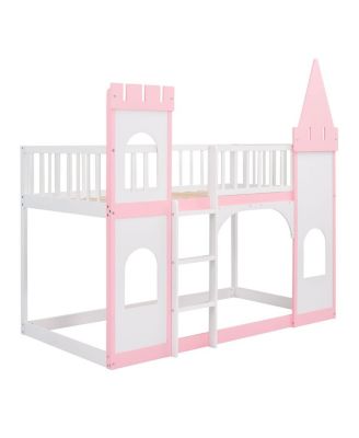 Twin Over Twin Castle Bunk Bed With Ladder - Pink