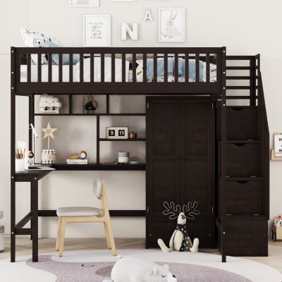 Streamdale Full Size Loft Bed With Bookshelf, Drawers, Desk, And Wardrobe White