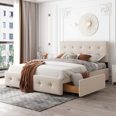 Streamdale Linen Platform Bed with Headboard and 4 Drawers