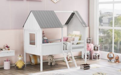 Twin Size Low Loft Wood House Bed with Two Side Windows