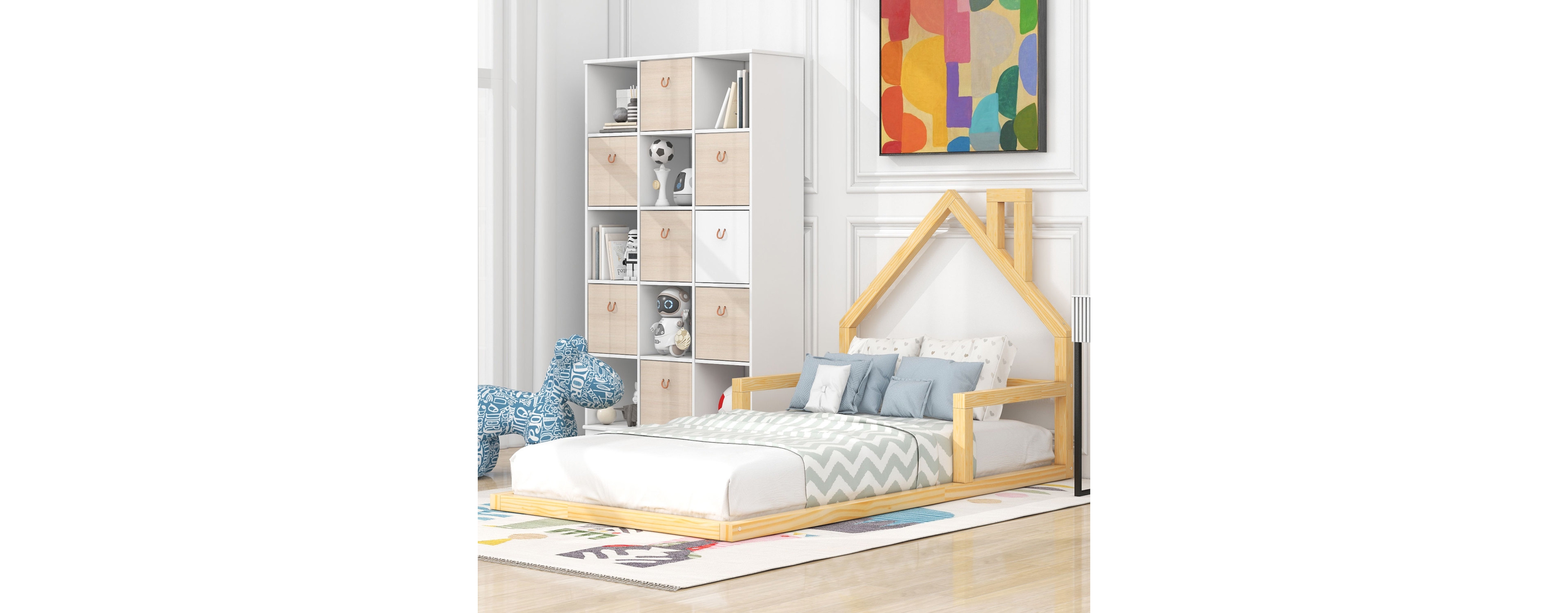 Simplie Fun Twin Wood Floor Bed With House-Shaped Headboard