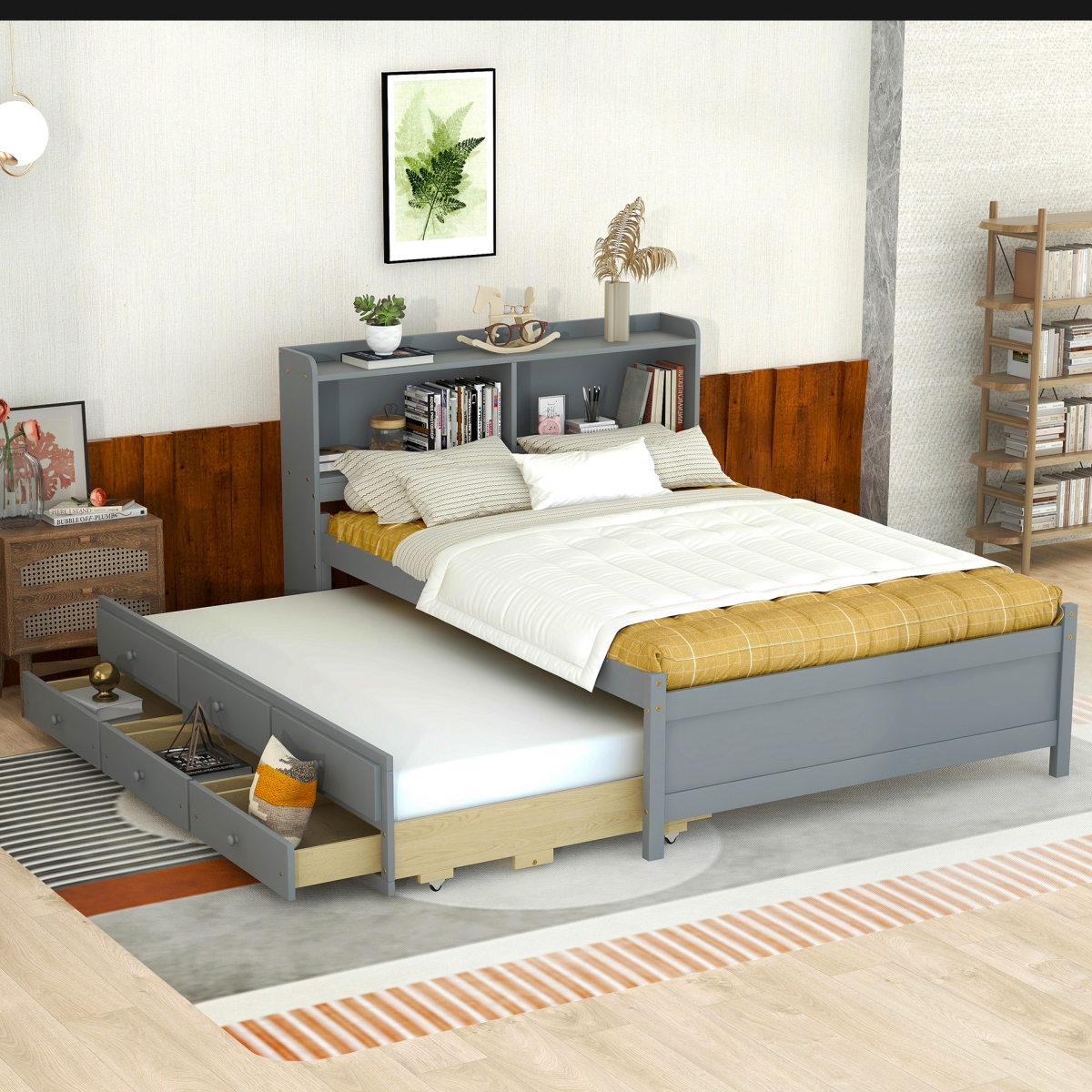 Streamdale Furniture Size Bed with Usb, Led Light, Bookcase, Trundle & Storage