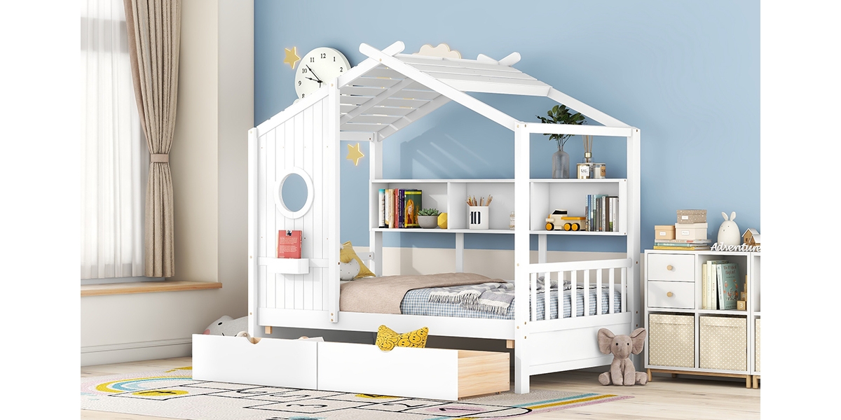 Streamdale Wooden Twin Size House Bed With 2 Drawers, Kids Bed With Storage Shelf