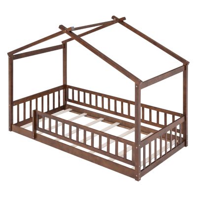 Streamdale Walnut Fence Bed House Frame for Kids and Teens