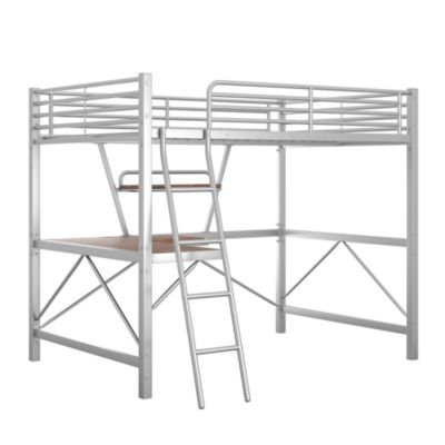 Full Size Loft Bed with Metal & MDF Frame, Desk and Shelf, Silver