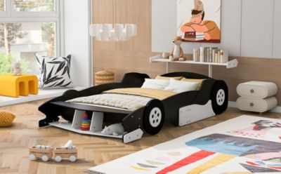 Full Size Race Car-Shaped Platform Bed With Wheels
