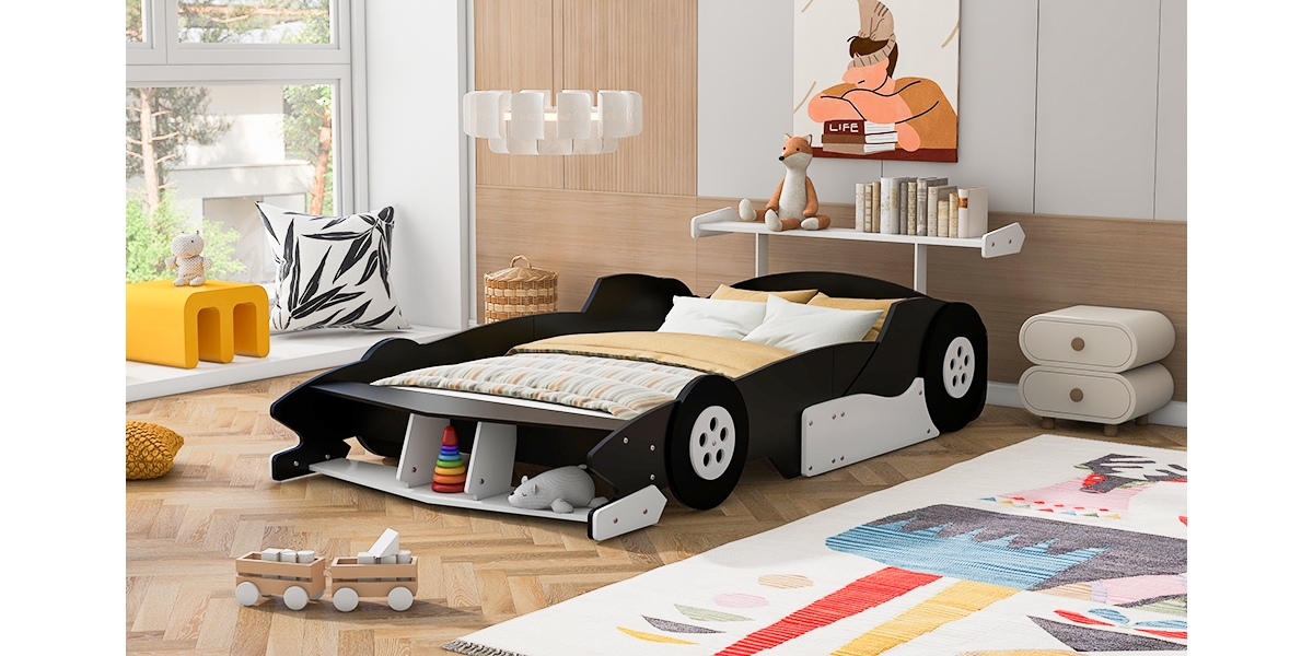 Simplie Fun Full Size Race Car-Shaped Platform Bed With Wheels
