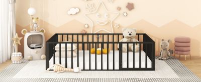 Queen Size Metal Floor Bed Frame With Fence And Door