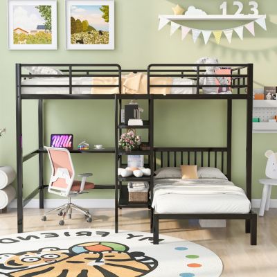 Streamdale Full Over Twin Metal Bunk Bed With Built-In Desk, Shelves And Ladder