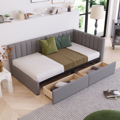 Twin Size Daybed with Storage Drawers, Gray Linen
