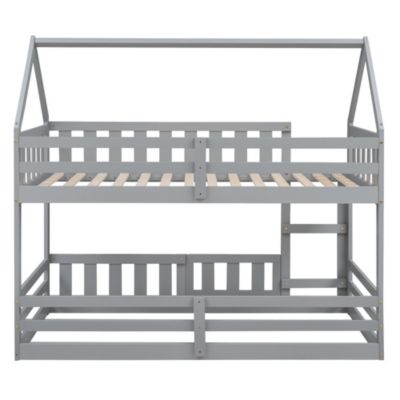 Twin Size  Pine Wood Over Twin House Bunk Bed With Fence And Door