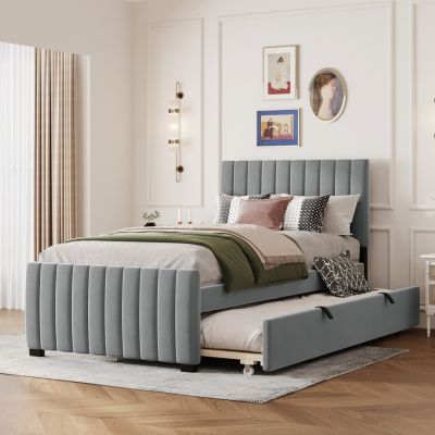 Twin Size Velvet Upholstered Platform Bed With Twin Size Trundle