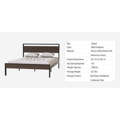 Ceres Metal Bed Black with Walnut Wood Headboard&Footboard Queen
