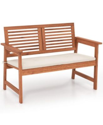 2-Person Solid Wood Patio Bench with Backrest and Cushion