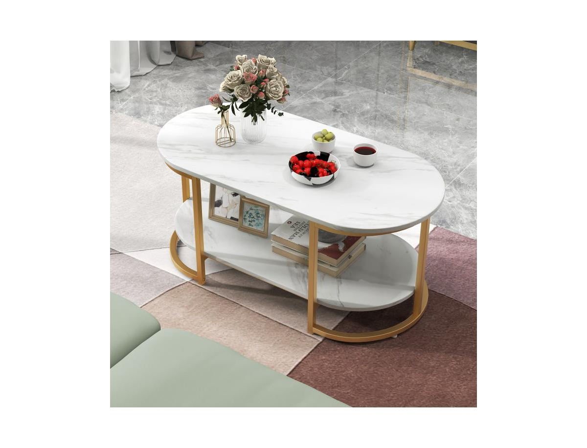 Slickblue Marble Coffee Table with Open Storage Shelf-White