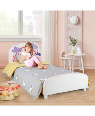 Kids Twin Size Upholstered Platform Wooden Bed with Rainbow Pattern
