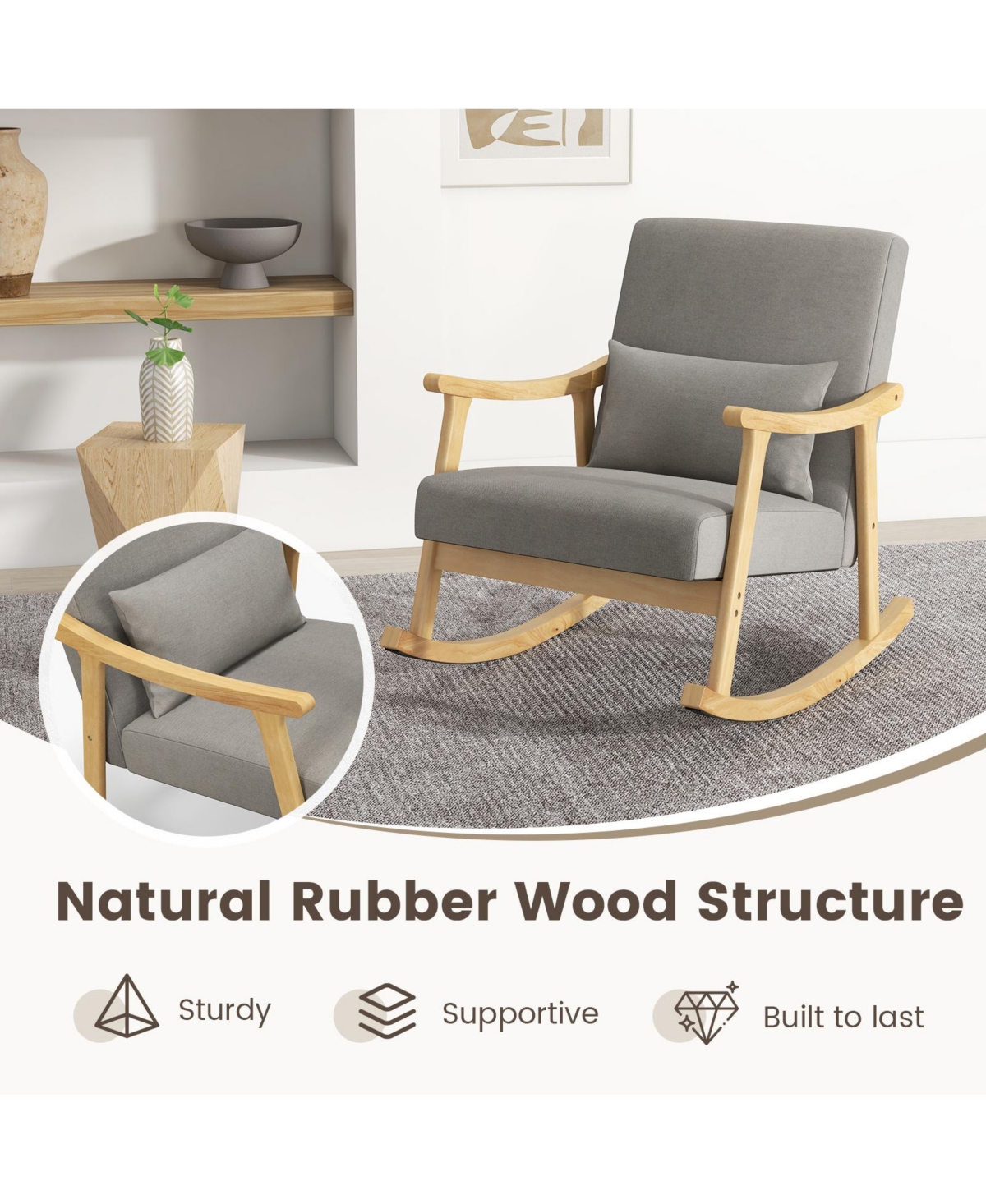Slickblue Nursery Rocking Accent Chair with Rubber Wood Armrests-Natural - Grey + Natural