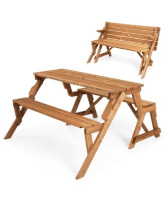 2-in-1 Transforming Interchangeable Wooden Picnic Table Bench with Umbrella Hole-Dark Brown