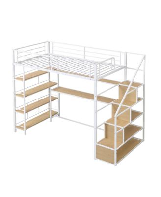 Simplie Fun Twin Size Metal Loft Bed With Staircase, Built-In Desk And Storage Shelves