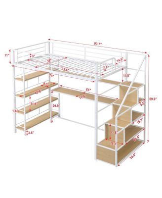 Simplie Fun Twin Size Metal Loft Bed With Staircase, Built-In Desk And Storage Shelves