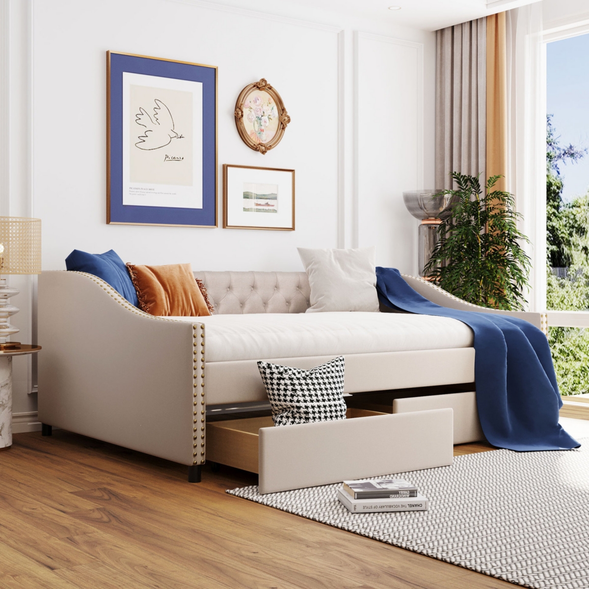 Streamdale Upholstered Daybed With Two Drawers, Wood Slat Support Full