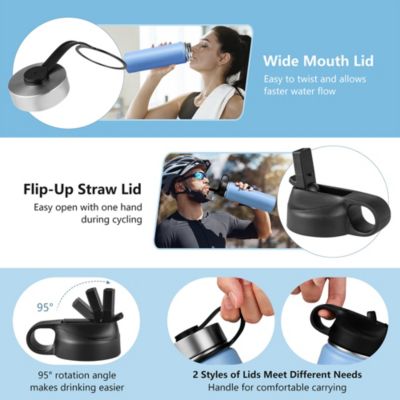 Double-Walled Insulated Stainless Steel Water Bottle with 2 Lids and Straw