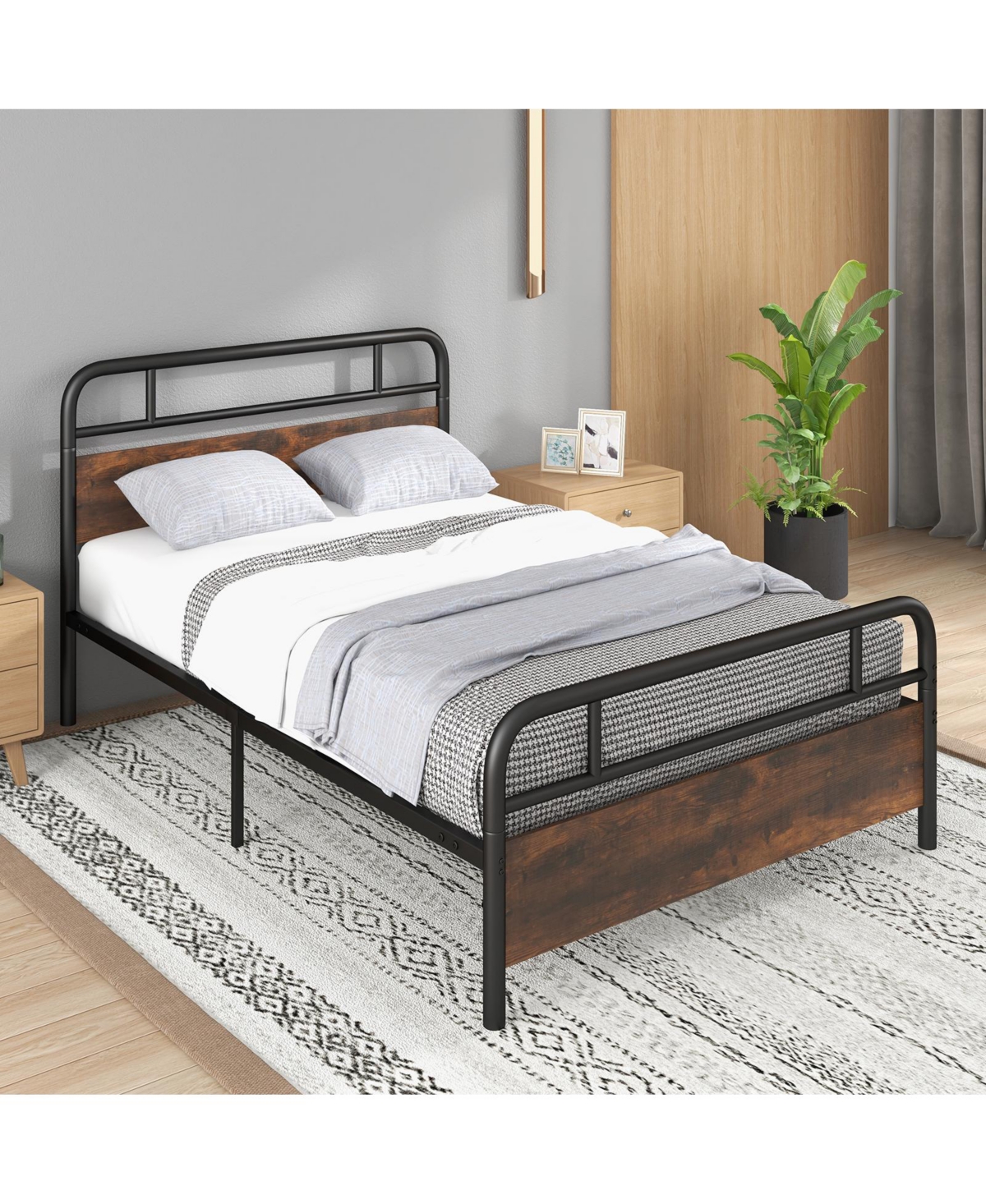 Full Size Bed Frame with Industrial Headboard-Full Size